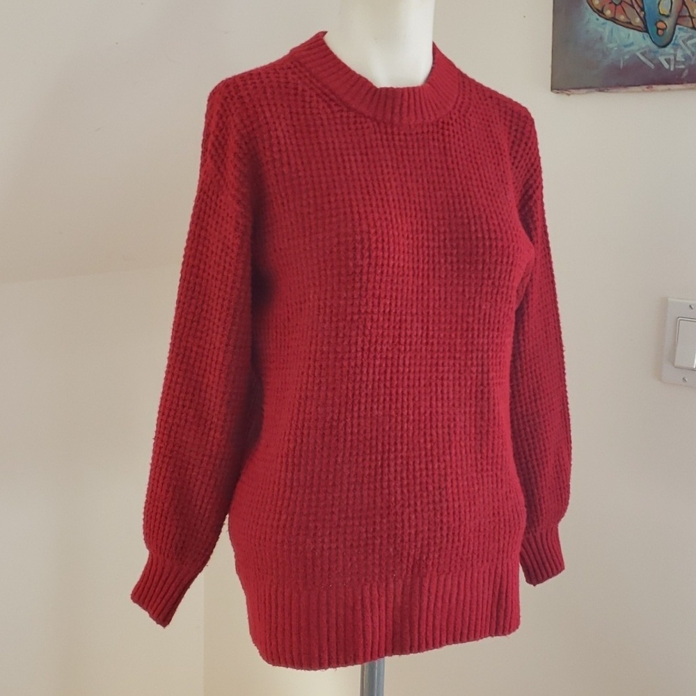 American Eagle Sweater Waffle Knit Crewneck Pullover Red Maroon black speckle XS